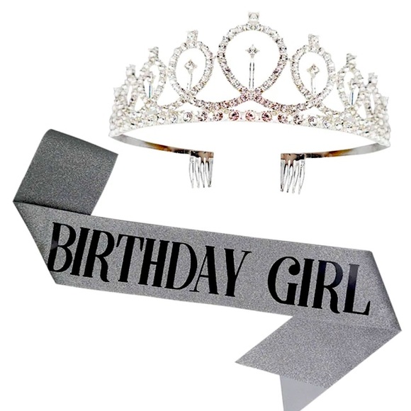 2PC BIRTHDAY GIRL SASH WITH TIARA. SILVER SASH WITH BLACK LETTERING SET - Picture 2 of 5